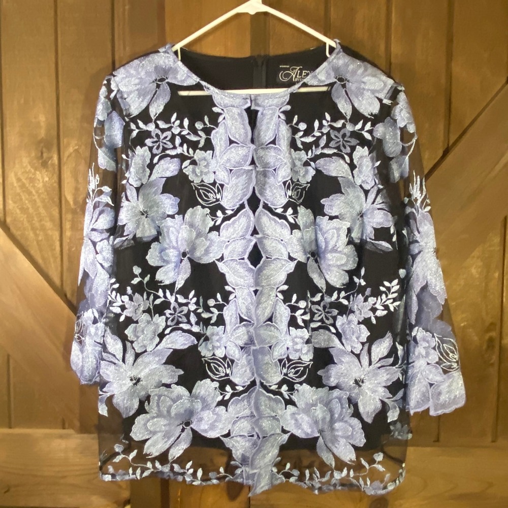Alex Evenings Embroidered Mesh Top Womens 1X Blue Black Excellent Floral Formal